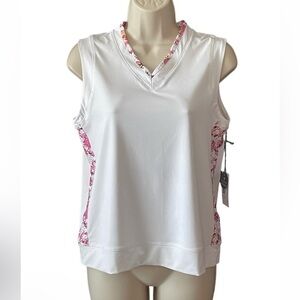 Lija Women's Crop Golf Tennis Tank Top White Pink Floral Trim V-Neck Size M